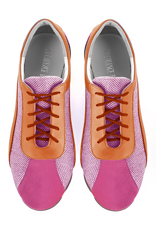 Shocking pink and apricot orange women's two-tone elegant sneakers. Round toe. Flat rubber soles. Top view - Florence KOOIJMAN